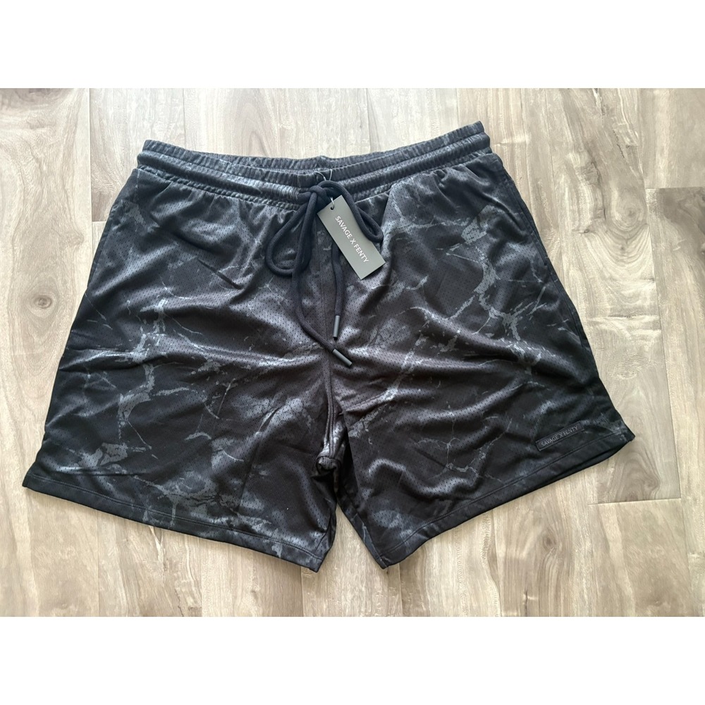 Savage X Fenty Mens Black Marble Mesh Basketball Shorts NWT